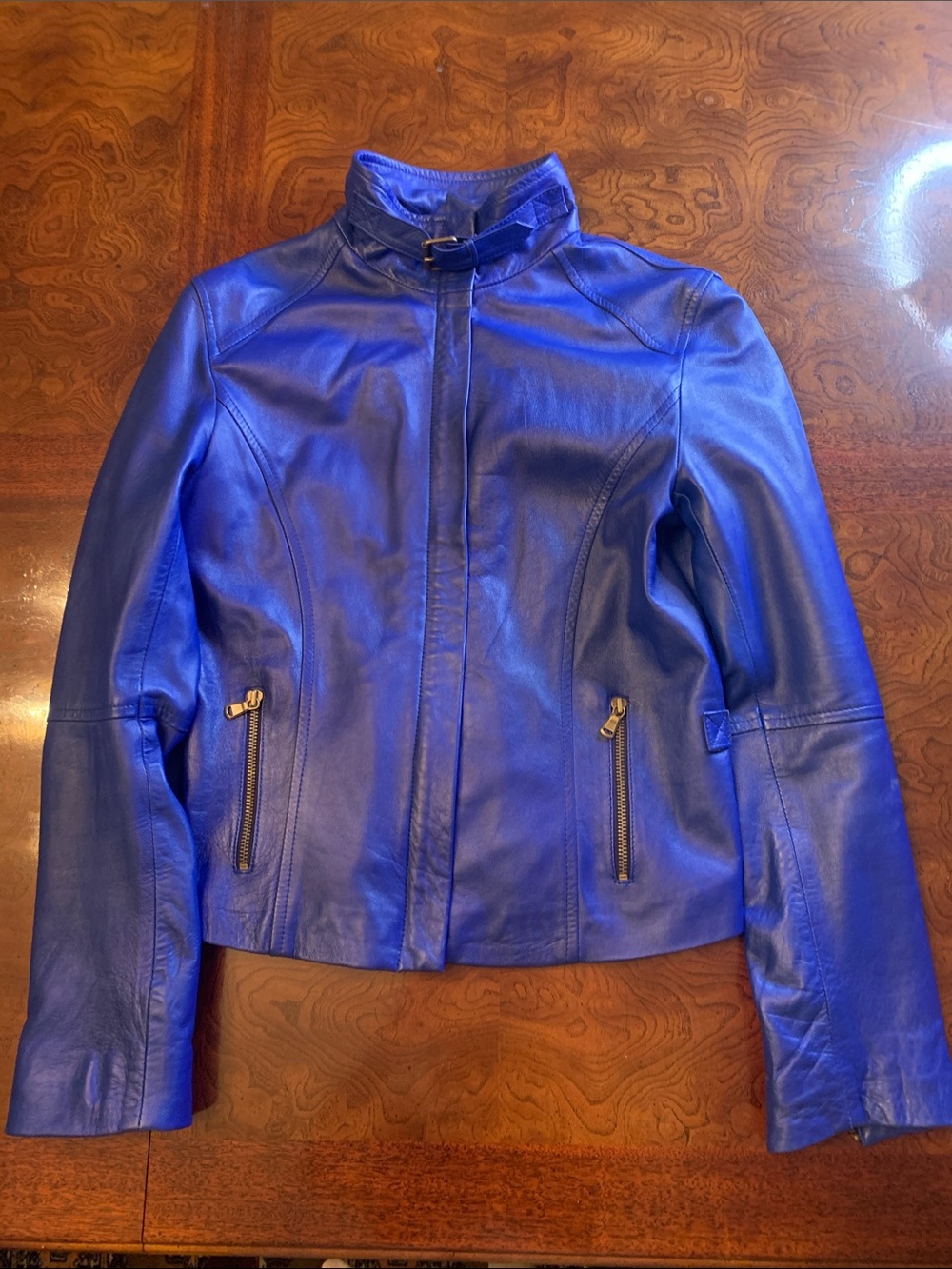 Vintage Made in Italy Electric Blue Women's Leather Jacket with Stand Collar